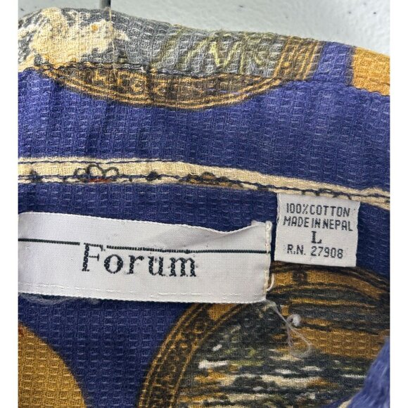 Forum Floral Hawaiian Button Up Shirt Top Men L Blue Orange Yellow Short Sleeve - Picture 2 of 4